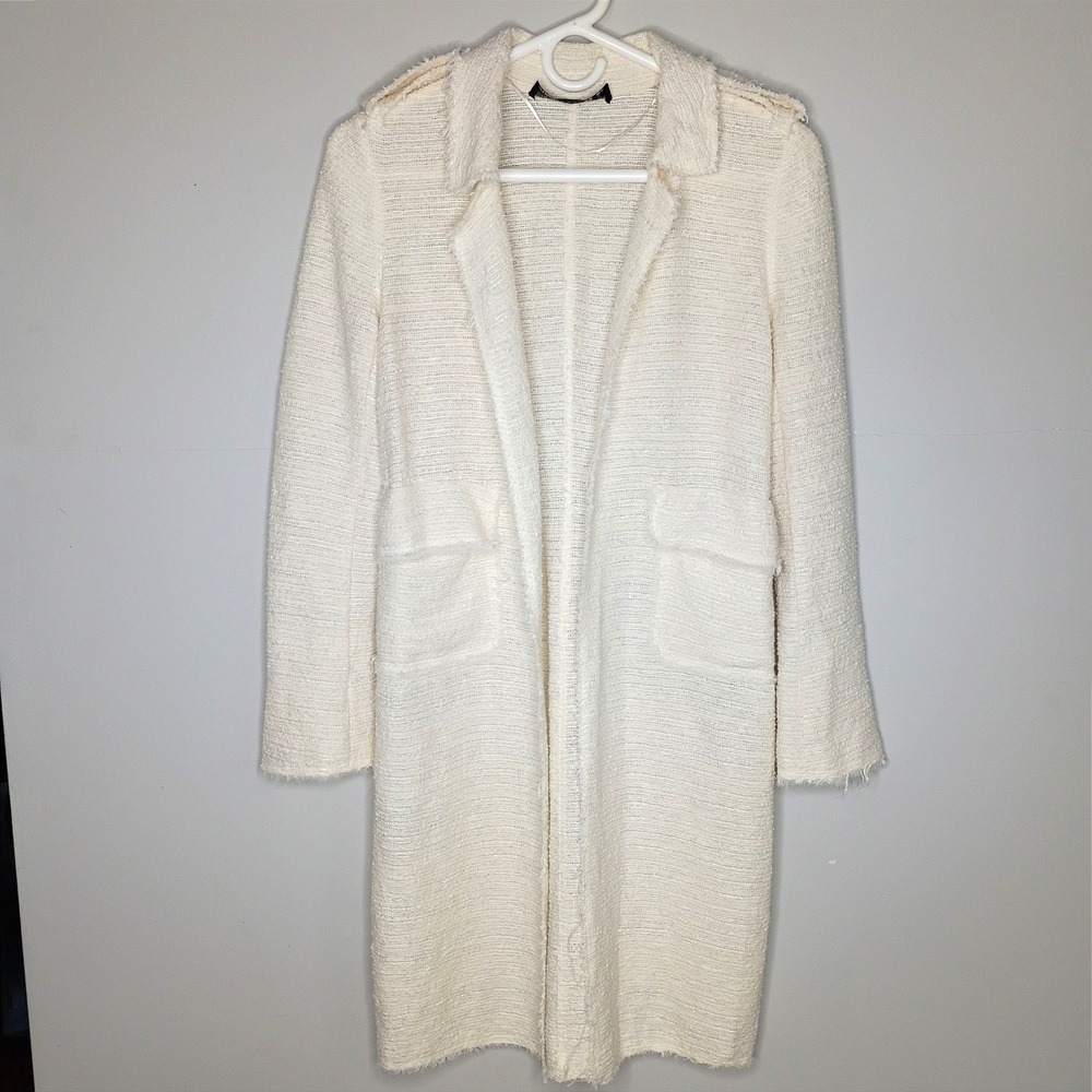 Zara Coatigan Open Front Tweed Coat Cream XS